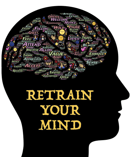 A head with a sign saying: "Restrain your Mind" and beautiful words shaped in a brain giving us an advice on how to do it.