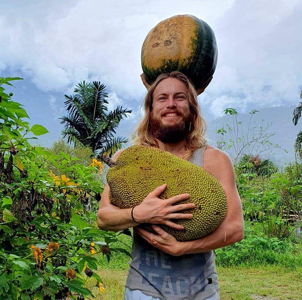 Person holding a huge jackfruit and a squash above their head.